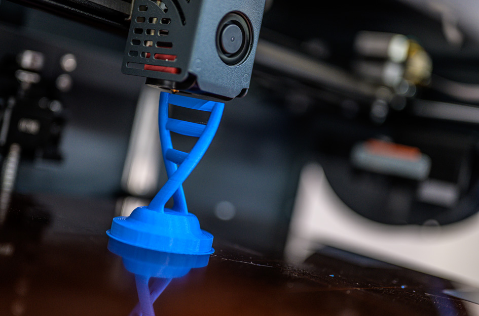 Close up of 3D printer - printing double helix